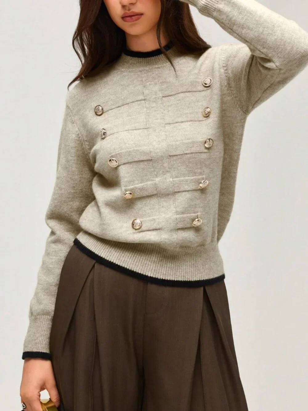 Khaki Casual Women's Contrast Trim Half-High Neck Gold Button Knit Sweater